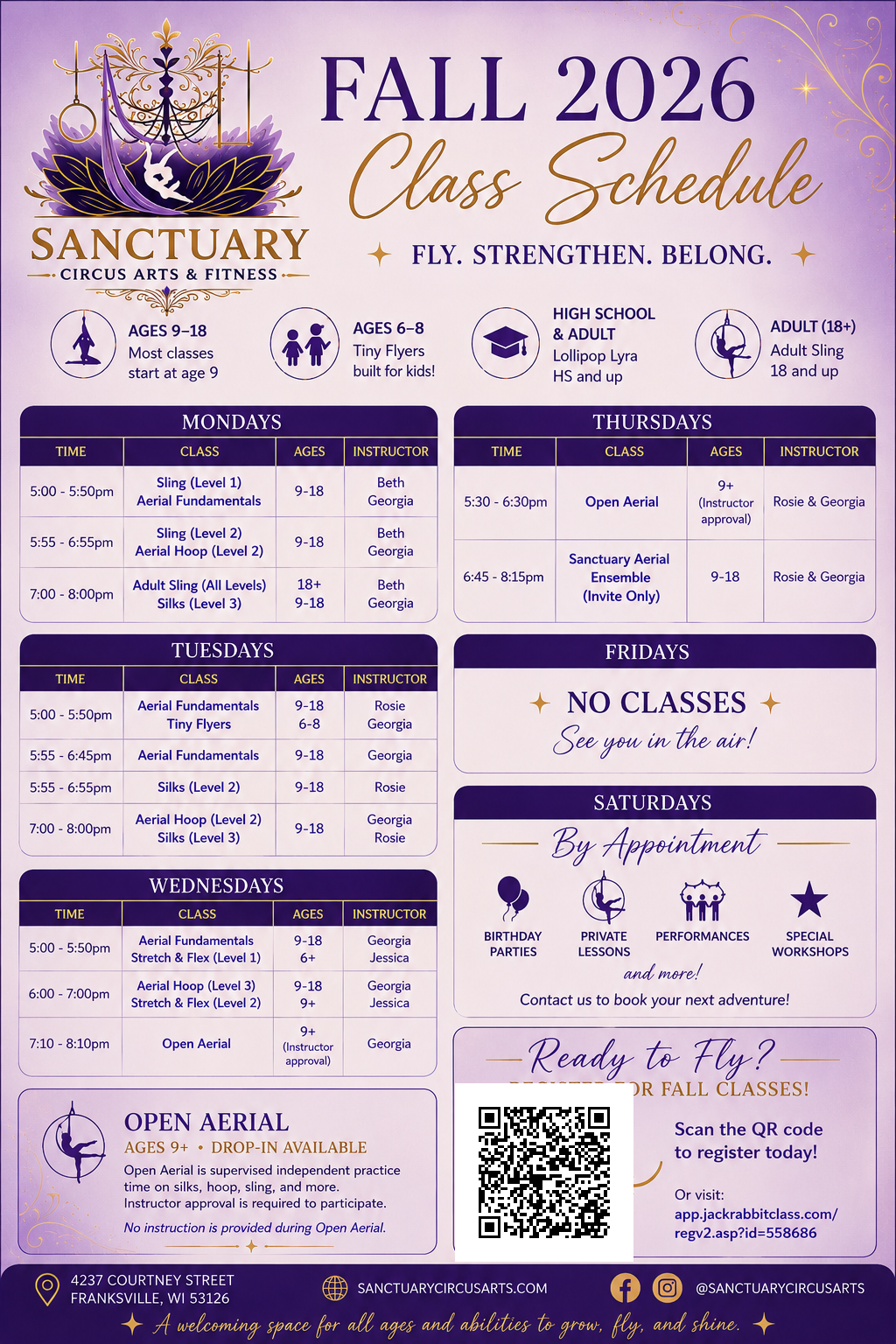 Sanctuary Circus Arts Fall 2026 Class Schedule